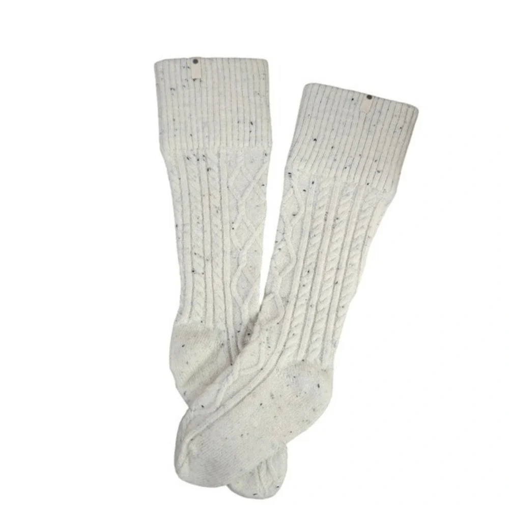 UGG Laila Tall Cable Knit Socks Cream Speckle Fold Over Cuff  Boot Socks‎  LG